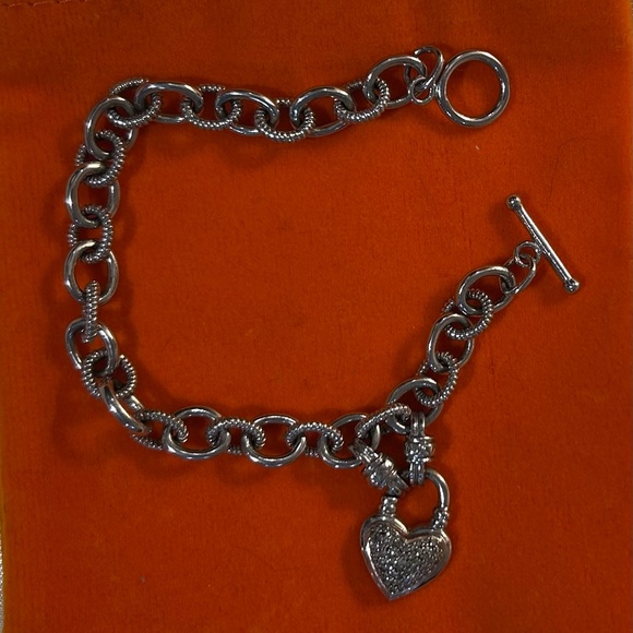 Sterling Silver 925 Diamond Heart Charm Rolo Link Toggle Bracelet Signed KRN - Picture 3 of 16